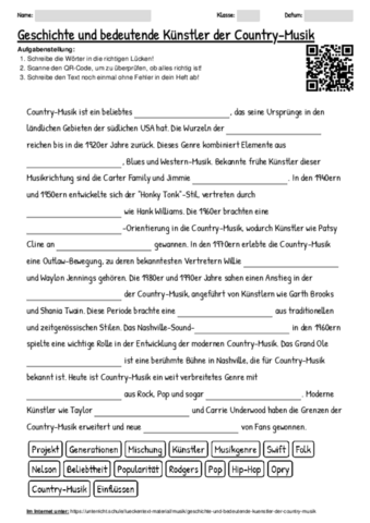 Arbeitsblatt zum Thema "Geschichte und bedeutende Künstler der Country